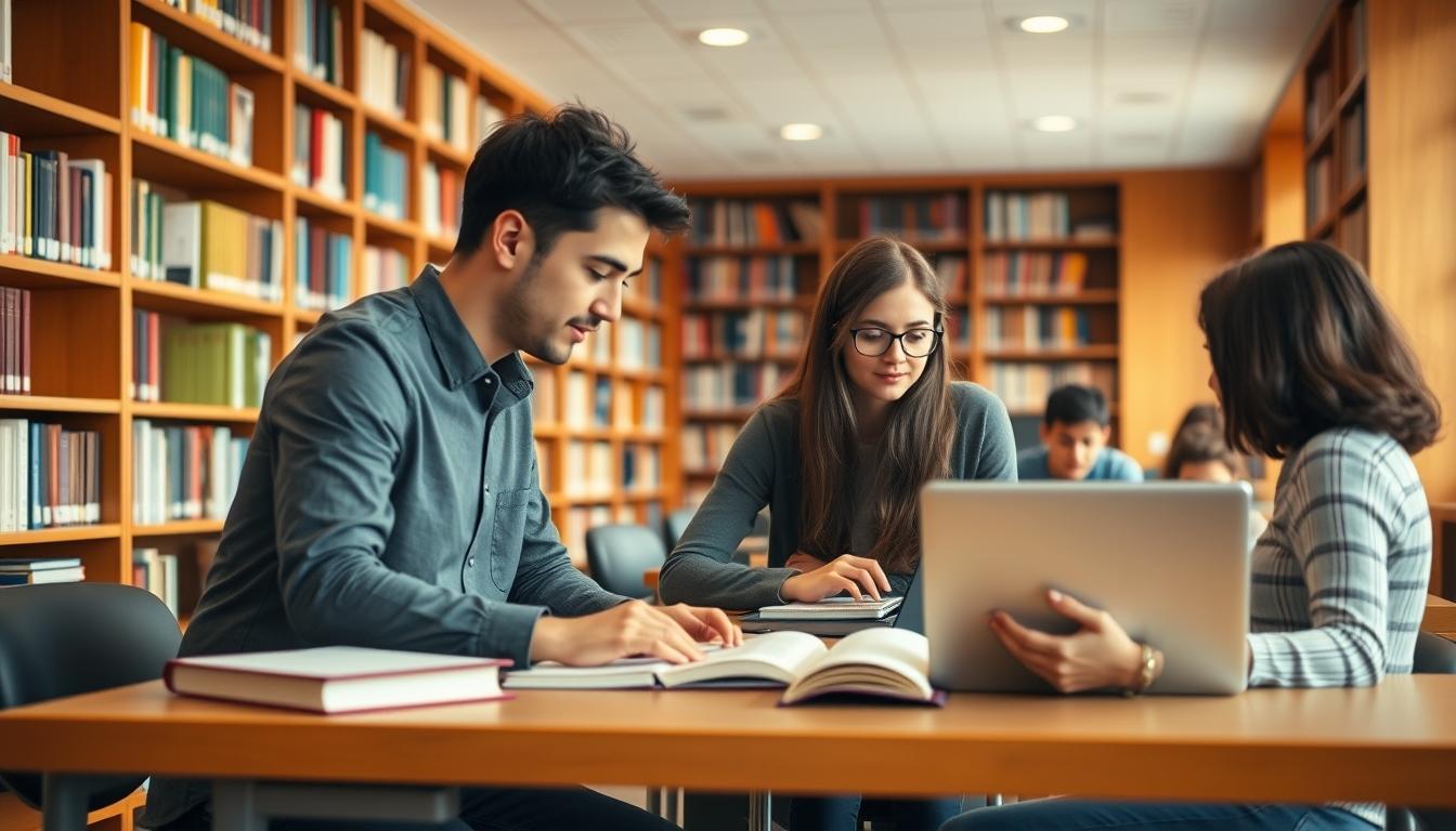 Students studying together in modern classroom